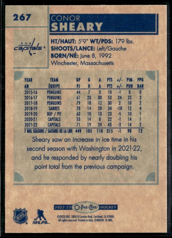 2022-23 O-Pee-Chee retro Conor Sheary #267 H8R1I - Image 2 of 2