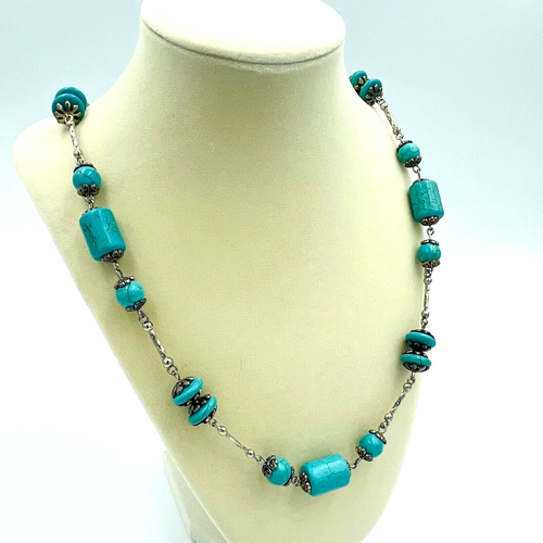 Conjunto de pendientes collar pulsera perlas turquesa tono plata bisutería - Imagen 9 de 17