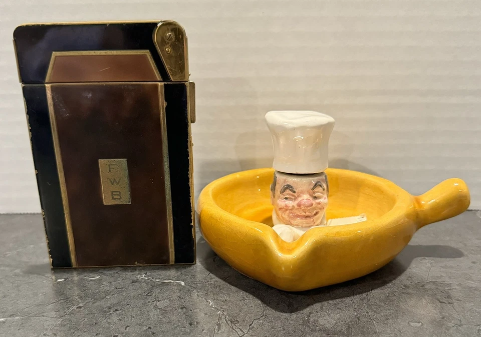 1 Rare Retro Lighter & Case PLUS 1 Novelty Ceramic Chef Ashtray W Lighter In Hat - Image 2 of 4