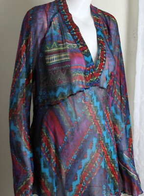Chico's Sz 3 XL 100% Silk Colorful Southwest 32''Long Tunic Blouse Shirt Top