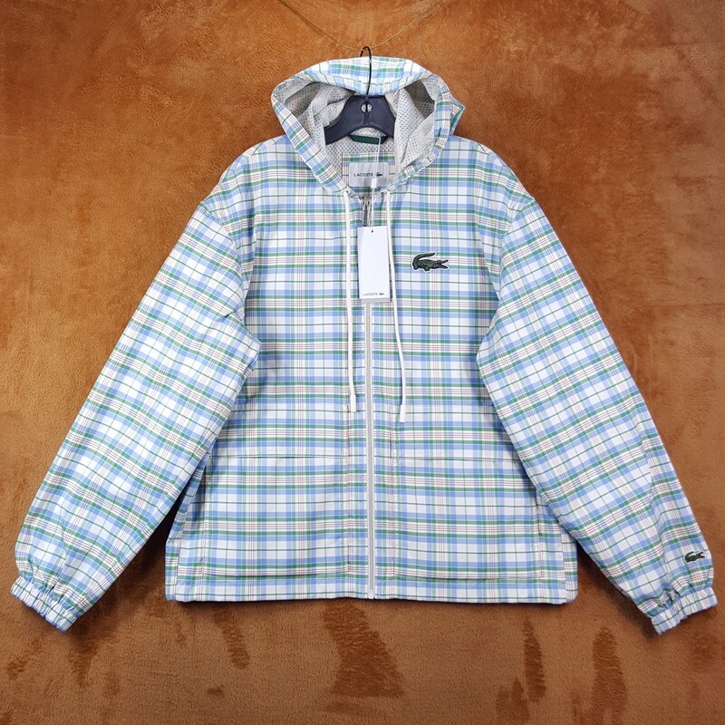 LACOSTE Rain Jacket Mens Small Blue Green Plaid Zip Up Hooded