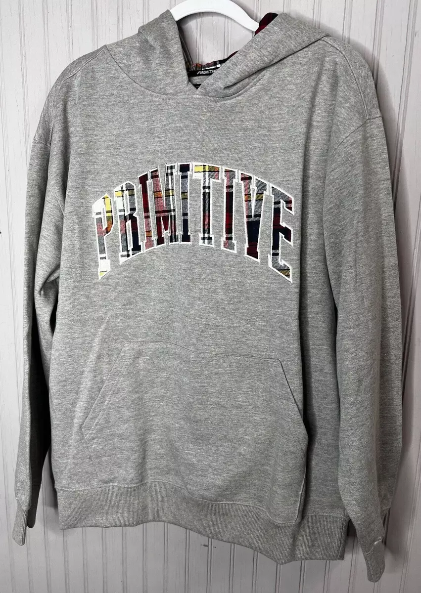 Primitive Skateboarding Unisex HOODIE L Gray Letter Embellish Plaid Lined NEW