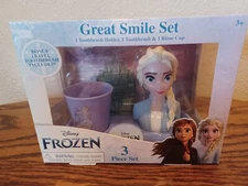 Disney Frozen Great Smile 3 Piece Set Toothbrush Rinse Cup & Holder NEW SEALED
