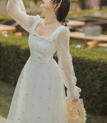 Womens Retro Square Collar Mesh Embroidered Floral Bell Sleeve Prom A-line  Dress | eBay