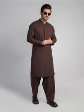 Mens Dark Maroon Plain Shirt Collar Kameez Shalwar Handmade Eid Kurta Shalwar