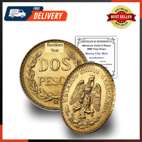1919-1948 (Random Year) Mexican 1/5 Hidalgo Gold 2 Pesos Coin
