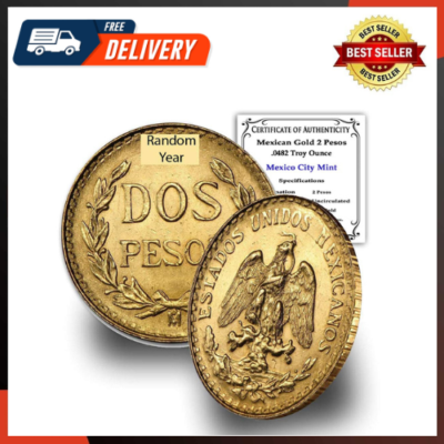 1919-1948 (Random Year) Mexican 1/5 Hidalgo Gold 2 Pesos Coin