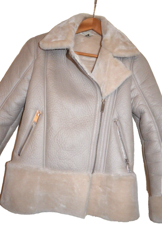 Miss Selfridge Faux Sheepskin/Fur Collar Beige/Stone Shearling Jacket Size: UK 6 - Picture 2 of 6