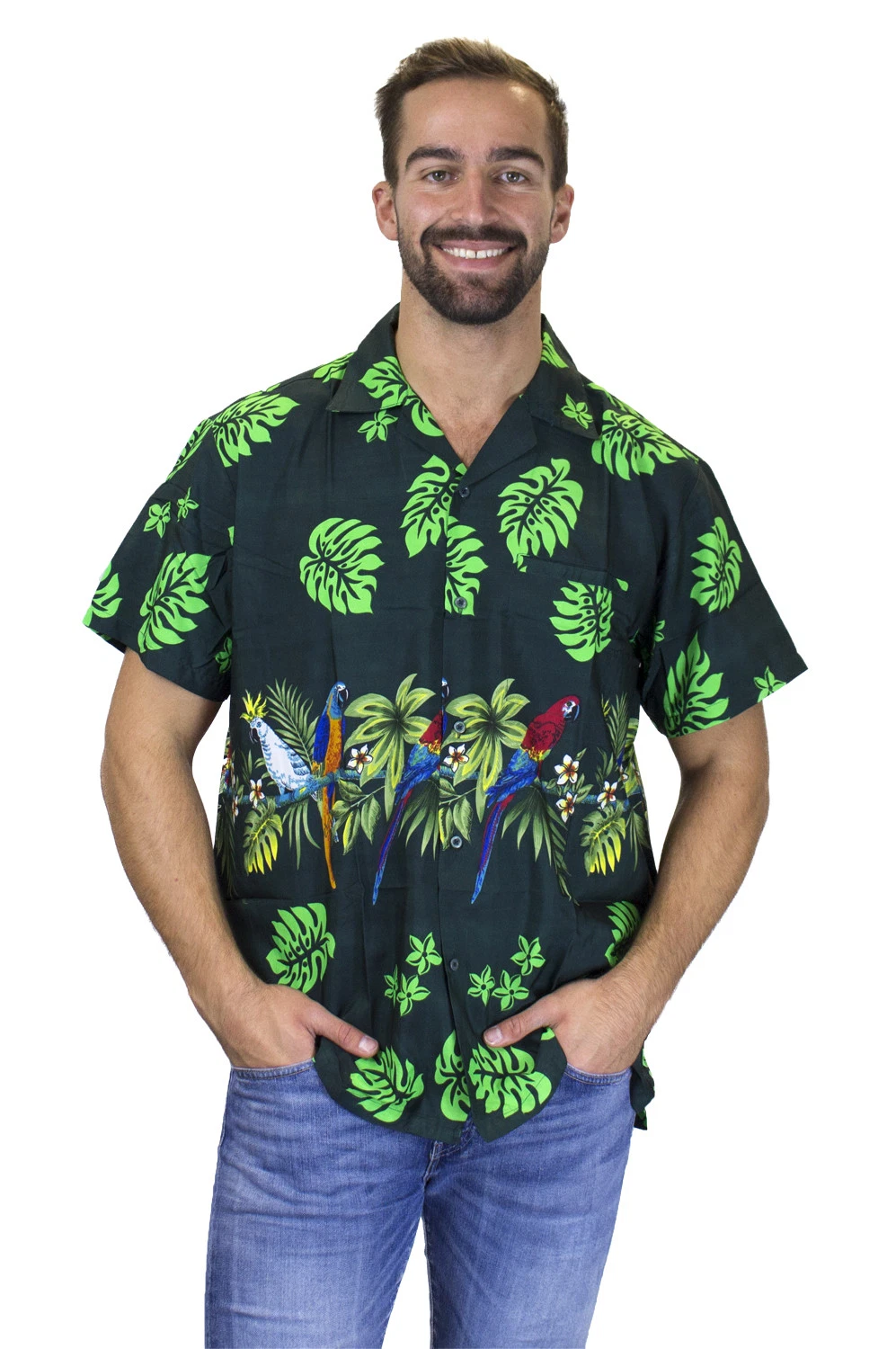 Funky Hawaiian Shirt Parrot Chest Print Green