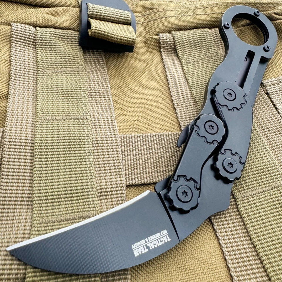 7" Military Tactical Black Quick Folding Karambit Curve Blade Pocket Knife - Image 2 of 4