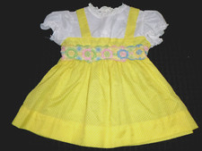 Vtg Dotted Swiss Yellow White Little Girls Baby Dress Floral Trim Sz 3