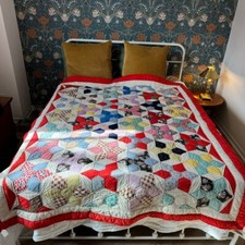Vintage 1970s Retro Handmade Patchwork Boho Star Rainbow Quilt Blanket