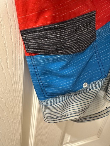 Rusty Men’s Boardshorts Size 33 Blue Red Stripe Surf Swim Trunks - Picture 2 of 4