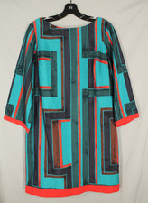 ELIZA J Lined SATIN Teal/Multi GEOMETRIC PATTERN Zip 3/4 SLEEVE Shift Dress Sz 8