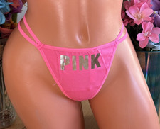 PINK VICTORIA'S SECRET Large Shiny SILVER LOGO String Thong Panties Disc't NWT