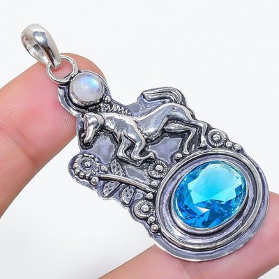 Swiss Blue Topaz & Moonstone Gemstone 925 Sterling Silver Pendant Size 2.6''