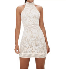 NWT PrettyLittleThing White High Neck Lace Crochet Bodycon Mini Dress 4
