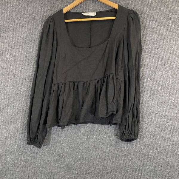 The Fated Top Womens 10 Black Linen Puff Sleeve Ruffle Peplum Blouse Coastal