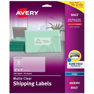 Avery 8663 Matte Clear 2''x4'' Sure Feed Shipping Labels, 250 Labels