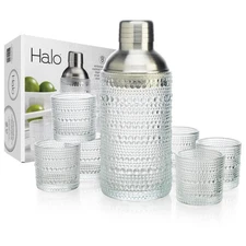 Cocktail Shaker Set, Glass 15.2 oz Shaker, 6 Hobnail Shot Glasses, Stainless ...