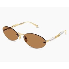 GUCCI GG1922S 003 Gold Pearls Brown Lens Sunglasses Oval Rimless AUTHENTIC