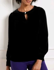 Talbots Black  Velour Velvet Tunic Top Blouse Keyhole Sz XL Rhinestone Button 