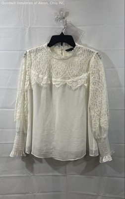 White House Black Market Women's Ivory Lace Blouse Top Long Sleeve Sz 8P