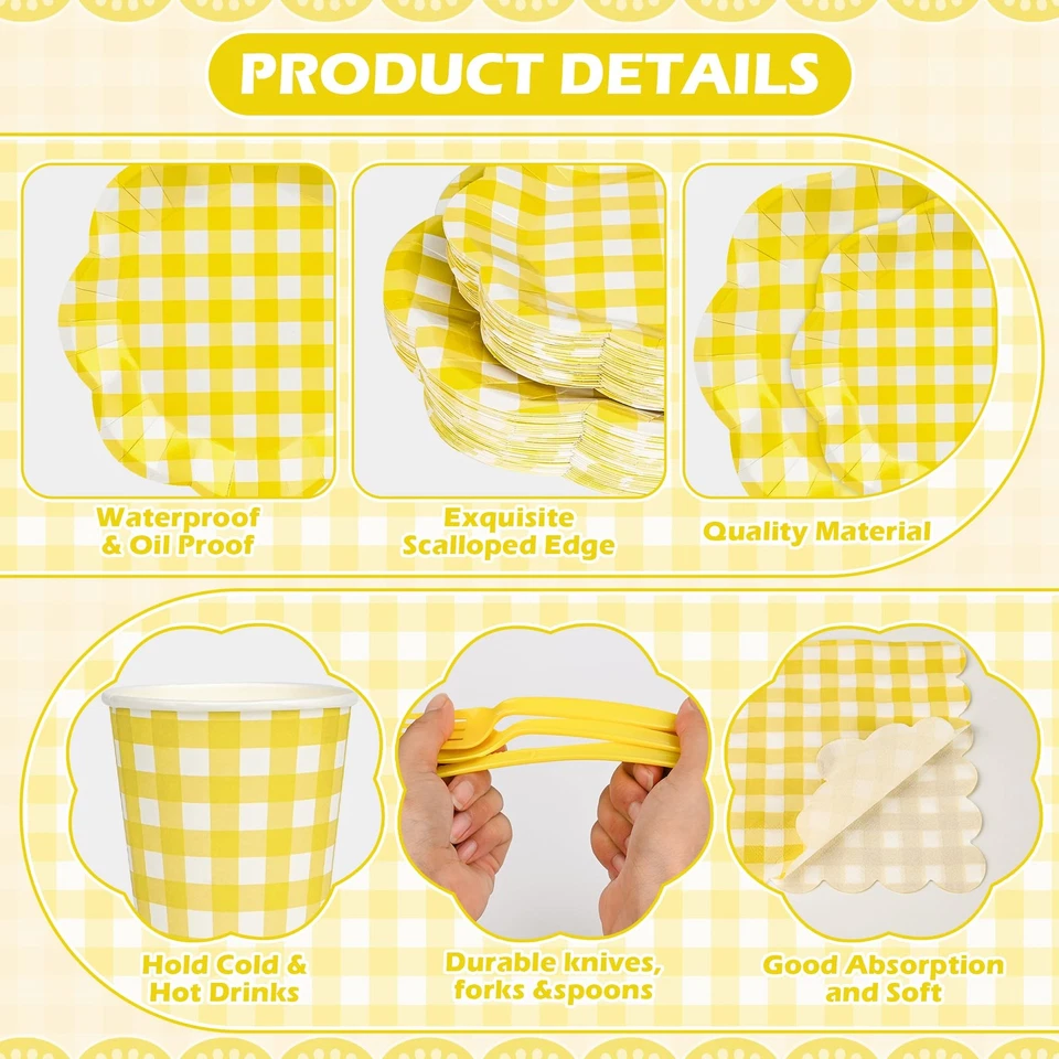 400 Pcs Gingham Party Supplies for 50 Guests Yellow and White Scalloped Paper... - Image 4 of 4