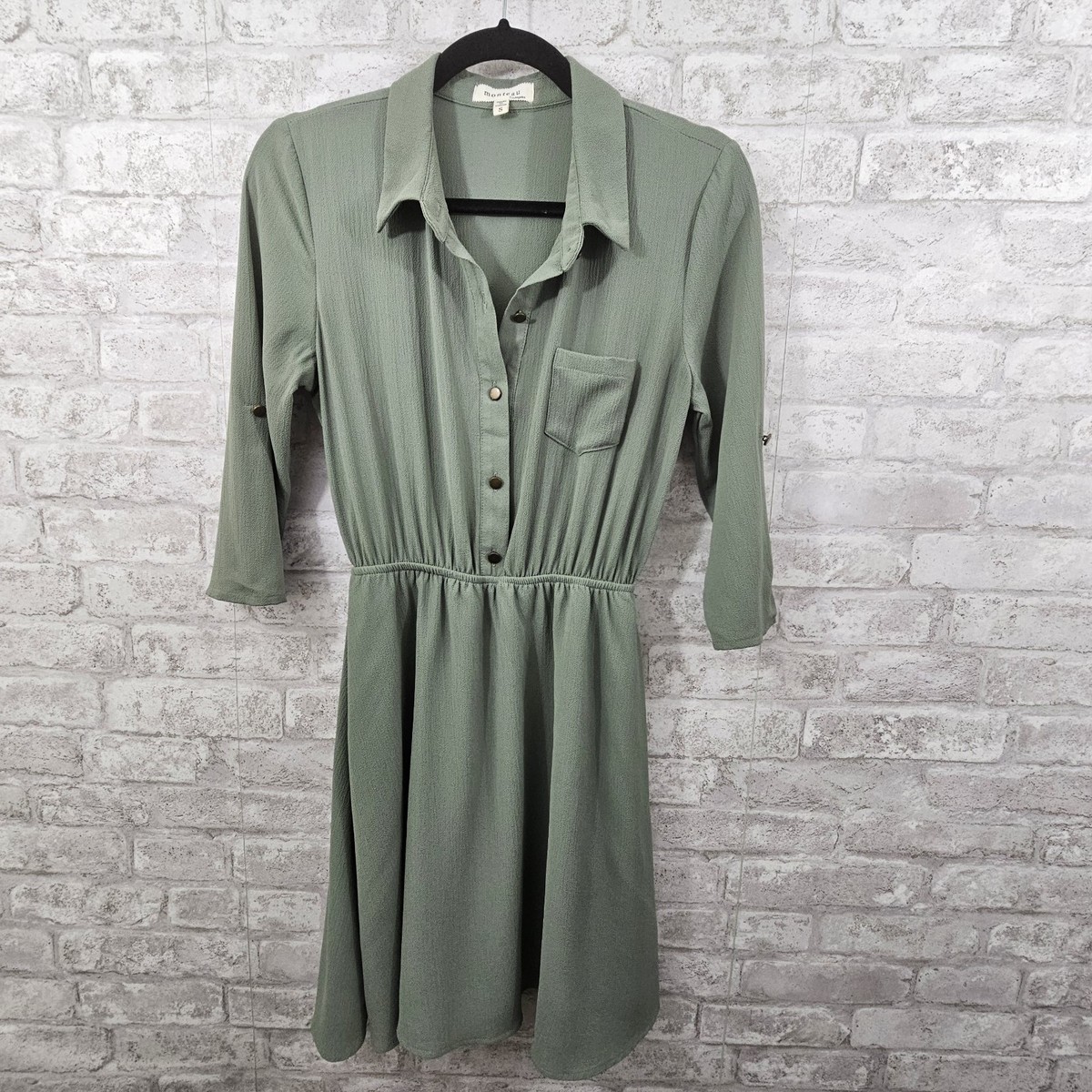 Monteau Women's dress Green Pleated 3/4 Sleeves Stretch Size Small
