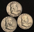 3- Ben Franklin 50C Silver Half Dollars 90% , Circulated, Bell crack ok 60s READ