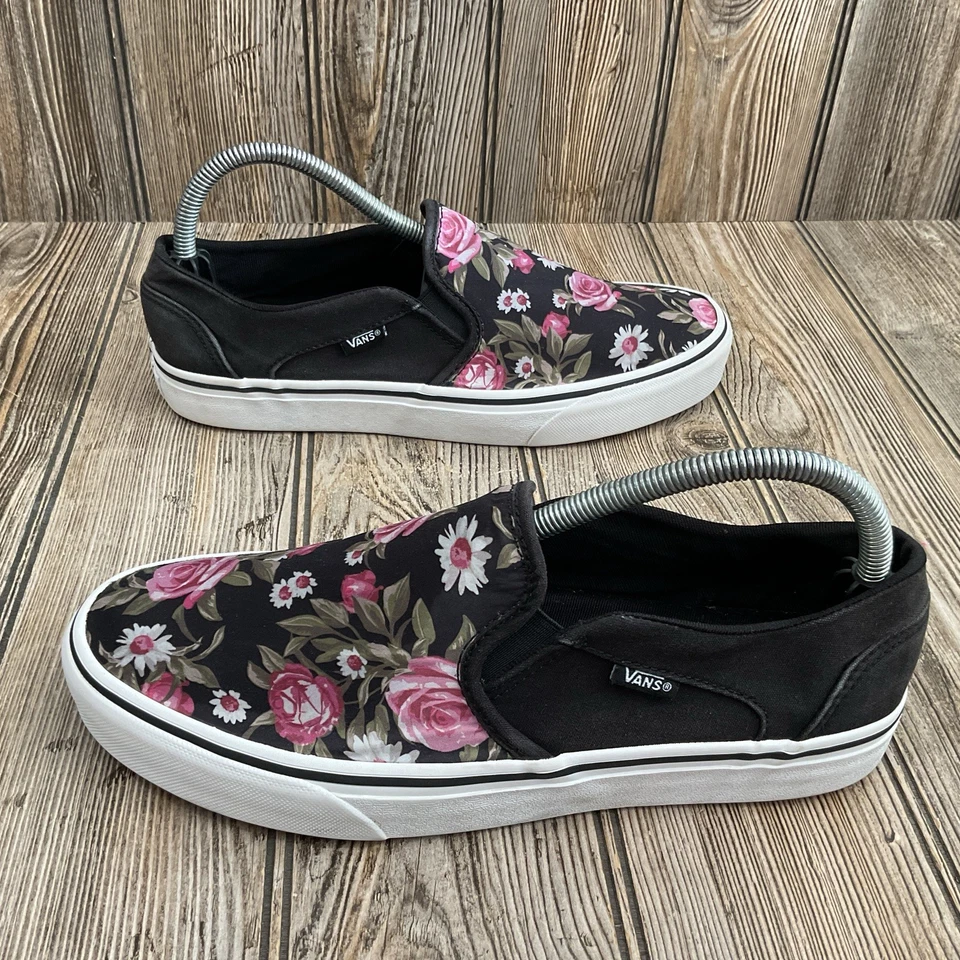Vans Mujer Sin Cordones Negro Y Rosa Floral Rosas Tenis Zapatos 721356 Talla 9.5 Foto 3 de 4