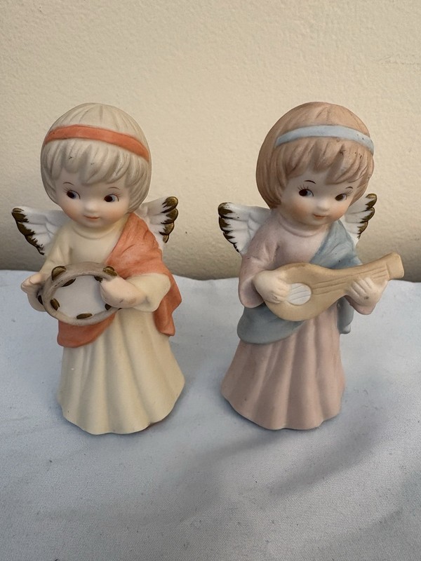Set of 2 Lefton Ceramic Hand Painted Angel W/ Mandolin & Tambourine Figurines