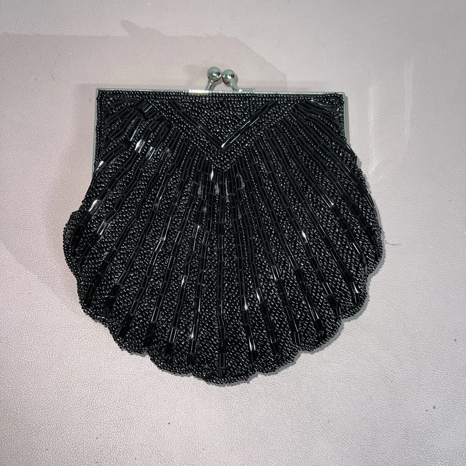 Apt. "9 carteras sin asas de noche con cuentas negras diseño concha bloqueo de beso estilo vintage 6""" Foto 2 de 4