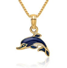 14K Solid Yellow Gold Blue Dolphin Necklace