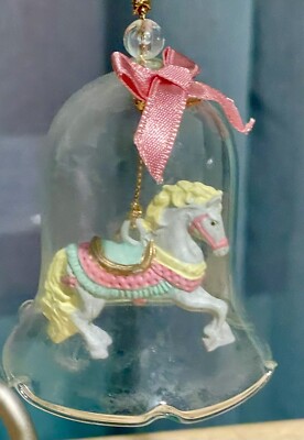COLLECTIBLE CRYSTAL CARROUSEL BELL ORNAMENT HAND PAINTED PORCELAIN BISQUE HORSE