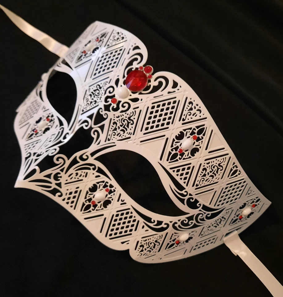 White Red Men Laser Cut Diamond Design Masquerade Metal Mask - Image 3 of 3
