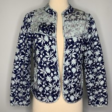 Leifsdottir Anthropologie Blue Floral Beaded Open Front Quilted Jacket Size 8