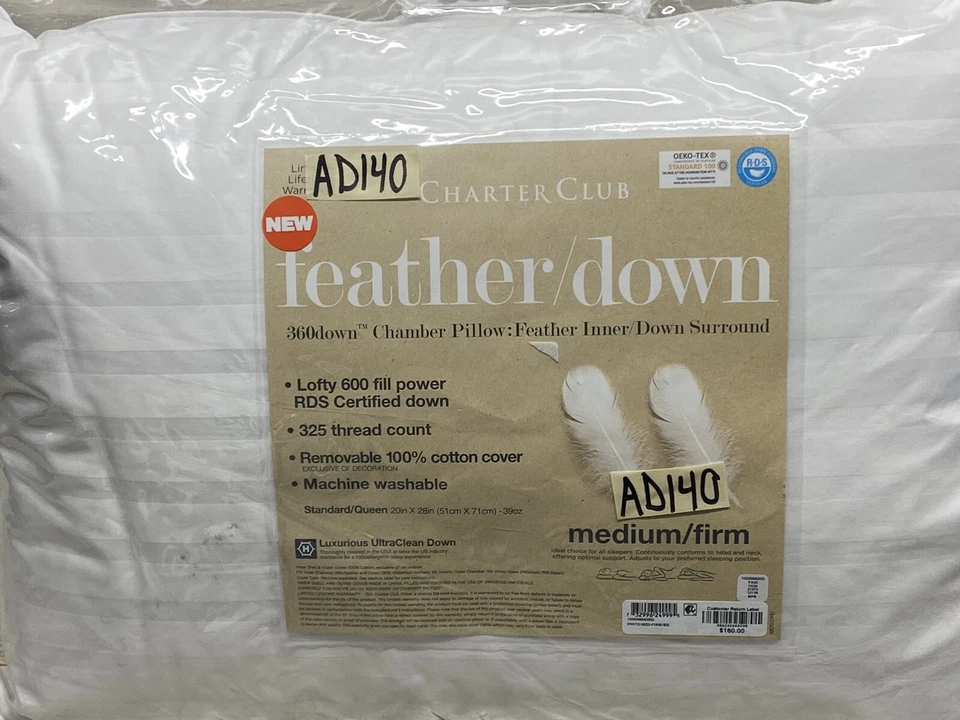 Charter Club 360 Chamber Feather Down Standard Pillow Medium / Firm Density New - Image 2 of 4
