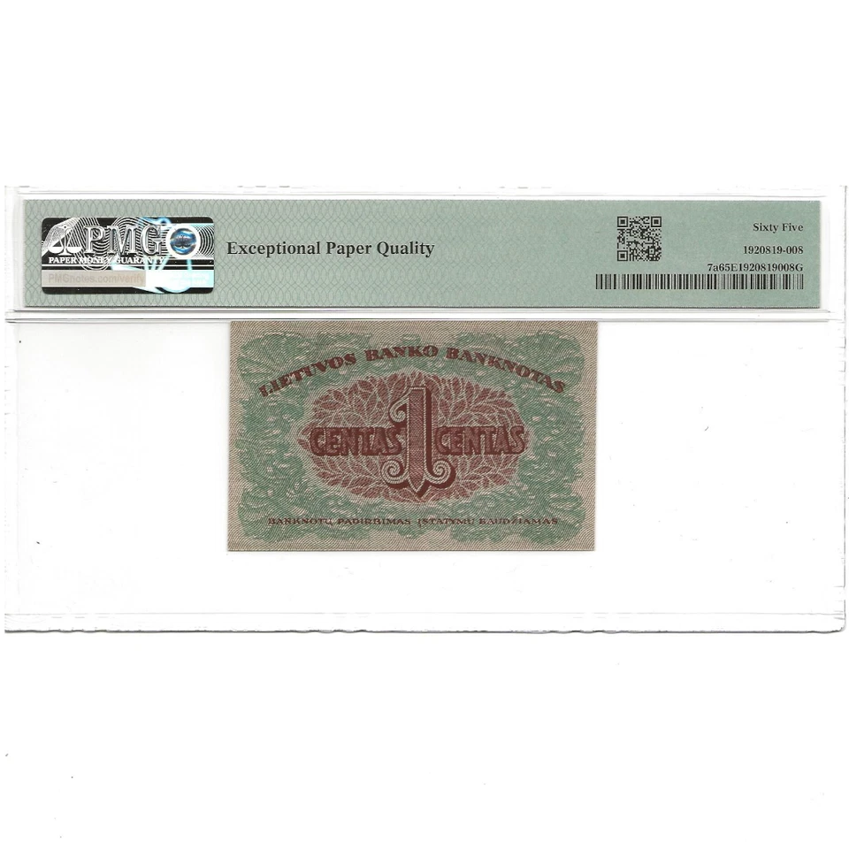 Lithuania 1922 1 centas UNC PMG 65 EPQ - Image 2 of 2