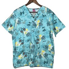 Disney Scrubs Women Size M Blue Tinkerbell Pockets Short Sleeve V-Neck