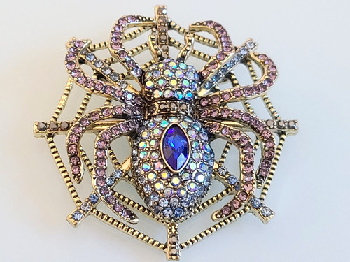 FAB LARGE CRYSTAL DESIGNER STYLE TARANTULA SPIDER IN SPIDER'S WEB BROOCH