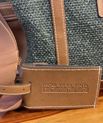 Vintage Oscar De La Renta Nylon Green Tweed Tan Carry On Messenger Shoulder Bag - Picture 6 of 21