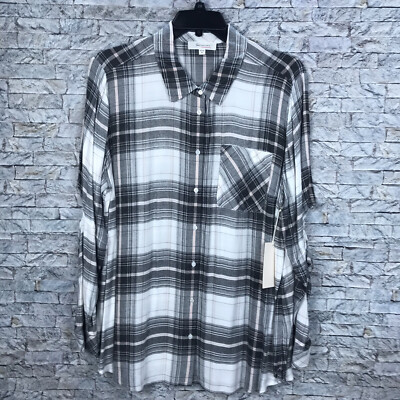 Two by Vince Camuto Women's 2x Long Slit Sleeve Plaid Button Up Blouse NWT 