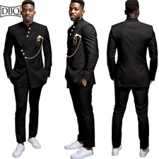 Men's Slim Fit 2 Piece Suit Gold Button Kerchief Brooch Solid Jacket Pants Set