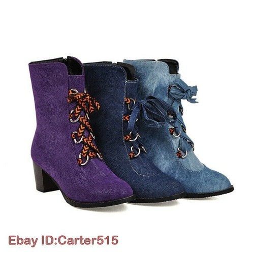 Womens Denim Mid Calf Boots Block Mid Heel Round Toe Fashion Party Lace Up Shoes - Picture 5 of 18
