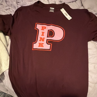 #ad PINK Maroon XS Long Sleeve Crew Neck Logo Cotton T Shirt for Women $30.00