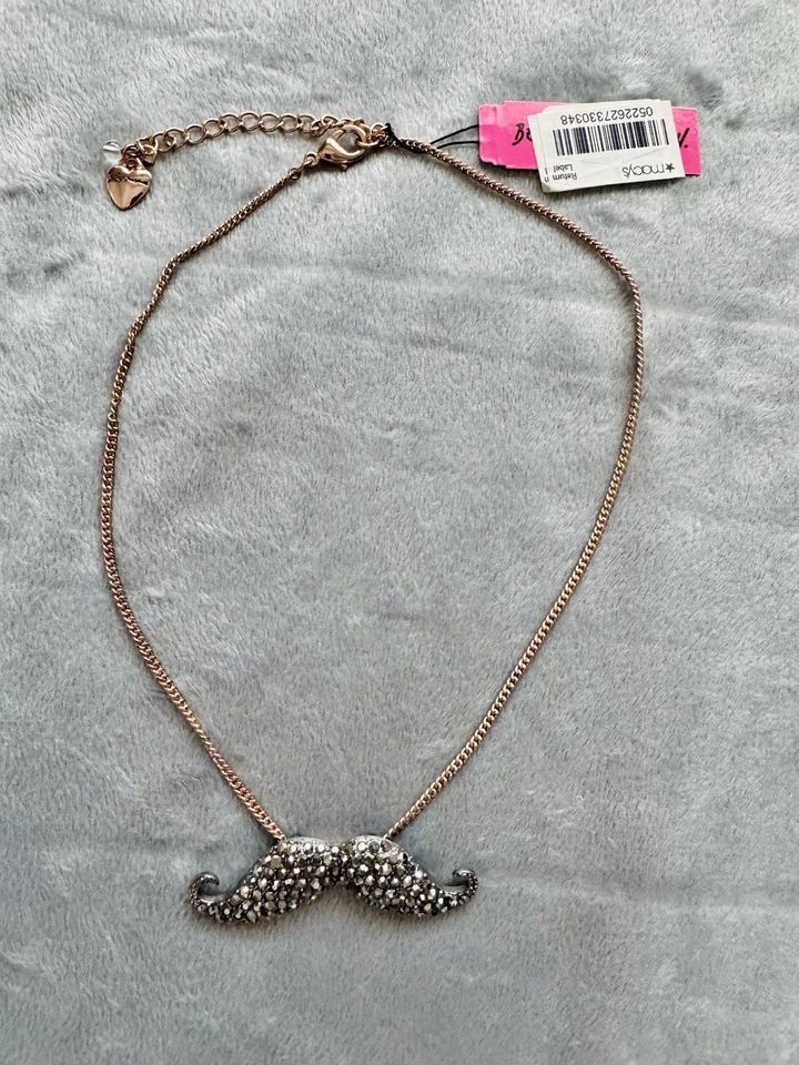 Betsey Johnson rosegoldtone Necklace Black Pave' Mustache Rose Gold Vintage Y2K - Image 2 of 4