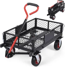 Metal Utility Garden Carts and Wagon w/ 180° Rotating Pull Handle Removable Side
