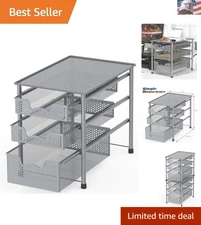 Stackable 3 Tier Sliding Basket Organizer Drawer, Silver
