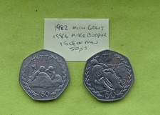 1982 1984 50pence ISLE OF MAN coins - Mick Boddice #3 Sidecar + Mike Grant #10